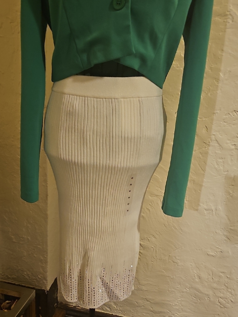 Cream Ribbed Pencil Skirt with Embellished Hem